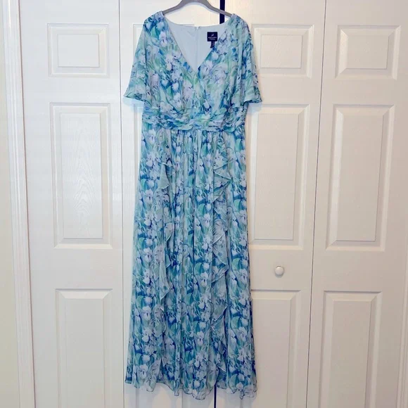 Adrianna Papell Blue and Green Floral Maxi Dress 14W - Picture 2 of 11